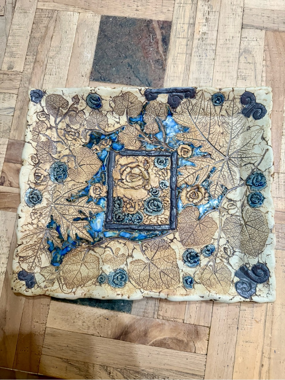 VTG 90s Tenmoku Pottery Malaysia Handcrafted Ceramic Tray Platter Blue Glaze Art